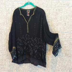 Johnny Was, Large, embroidered eyelet lace blouse, navy blue